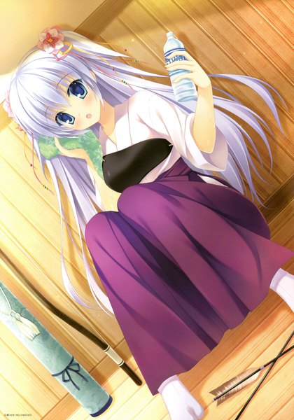 Anime picture 2662x3800 with melonbooks takano yuki (allegro mistic) single long hair tall image looking at viewer blush highres open mouth blue eyes white hair traditional clothes japanese clothes scan official art girl hair ornament towel