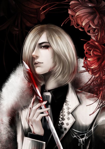 Anime-Bild 2480x3508 mit original c togi single tall image looking at viewer fringe highres short hair blonde hair red eyes hair over one eye boy flower (flowers) weapon necktie fur blood suit higanbana