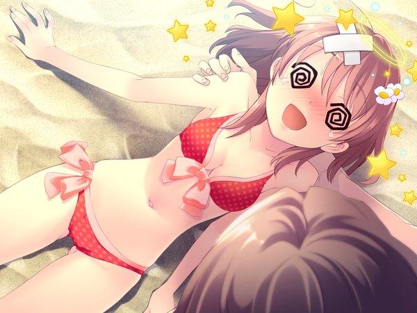 Anime picture 1600x1200 with flyable heart inaba yui itou noiji blush open mouth game cg cleavage lying ass visible through thighs solo focus @ @ bandaid on head girl boy navel swimsuit bikini star (symbol) side-tie bikini bandaid