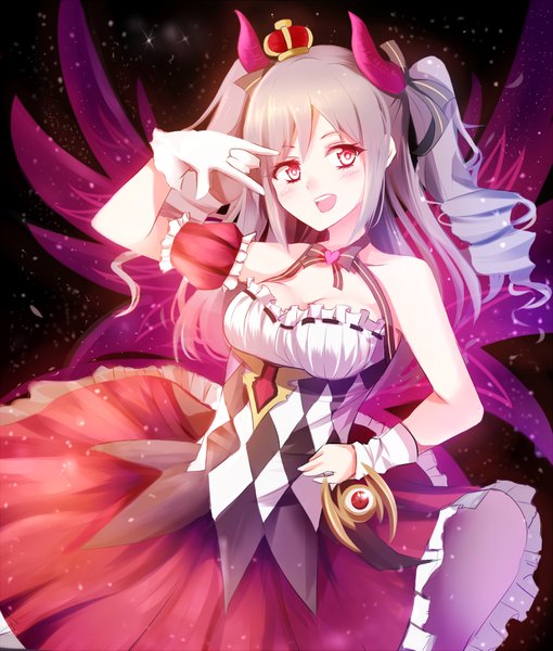 Anime picture 1960x2305 with idolmaster idolmaster cinderella girls kanzaki ranko shiguru single long hair tall image looking at viewer blush highres open mouth standing twintails bare shoulders pink eyes grey eyes hand on hip drill hair awakened devil lord girl