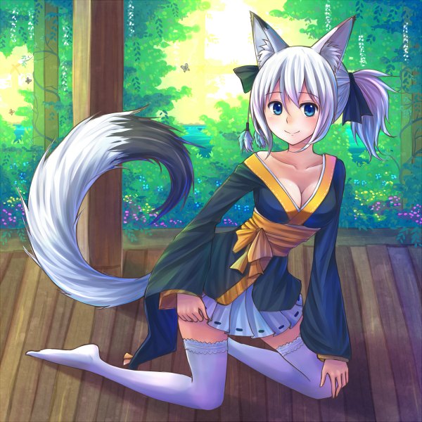 Anime picture 1200x1200 with original suikakitsu shiro single long hair looking at viewer blush breasts blue eyes smile animal ears cleavage silver hair ponytail japanese clothes animal tail no shoes zettai ryouiki girl thighhighs hair ornament