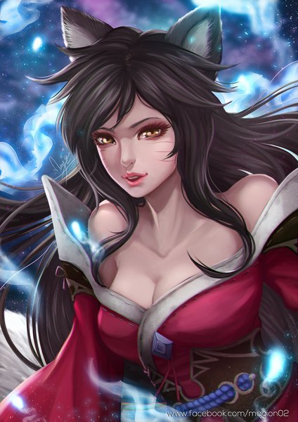 Anime picture 800x1132 with league of legends ahri (league of legends) magion02 single long hair tall image looking at viewer fringe open mouth black hair bare shoulders animal ears yellow eyes tail animal tail realistic fox ears magic fox tail fox girl
