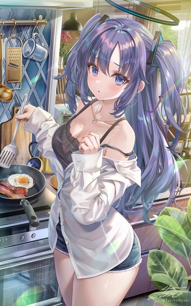 Anime picture 1200x1925 with blue archive yuuka (blue archive) torino aqua single long hair tall image looking at viewer blush fringe breasts open mouth light erotic hair between eyes standing purple eyes bare shoulders signed cleavage purple hair indoors
