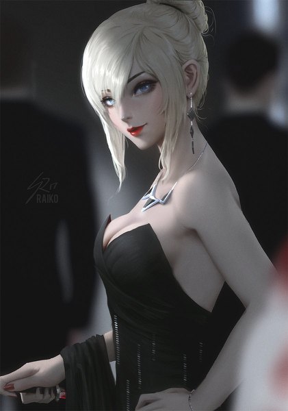 Anime picture 842x1200 with original tess turner raikoart tall image looking at viewer fringe short hair breasts light erotic blonde hair hair between eyes bare shoulders signed payot cleavage upper body nail polish light smile blurry realistic