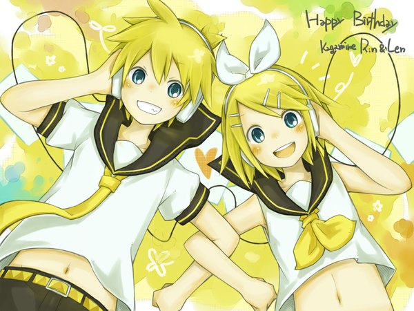 Anime picture 1024x768 with vocaloid kagamine rin kagamine len kadokoa looking at viewer blush short hair open mouth blue eyes blonde hair smile bare belly character names siblings twins happy birthday sailor collar brother and sister locked arms girl