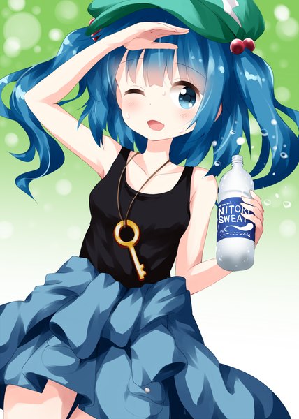 Anime picture 1000x1400 with touhou pocari sweat kawashiro nitori ruu (tksymkw) single tall image looking at viewer blush short hair open mouth blue eyes holding blue hair one eye closed two side up sleeveless ;d salute clothes around waist brand name imitation
