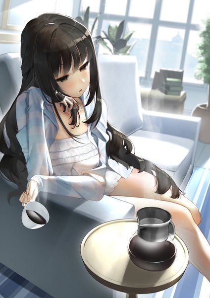 Anime picture 868x1228 with original scottie (phantom2) single long hair tall image blush fringe black hair sitting holding brown eyes looking away indoors long sleeves parted lips head tilt bare legs sleeves past wrists girl plant (plants)