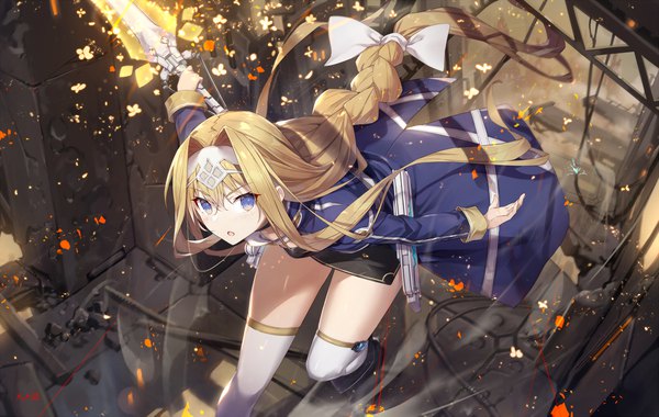 Anime picture 1578x1000 with sword art online a-1 pictures alice zuberg gabiran single looking at viewer fringe open mouth blonde hair hair between eyes purple eyes holding payot braid (braids) very long hair from above :o sparkle leaning leaning forward