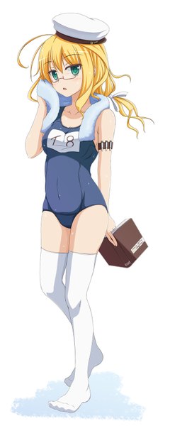 Anime picture 640x1600 with kantai collection i-8 submarine shira-nyoro single long hair tall image blush light erotic blonde hair simple background white background green eyes full body towel around neck girl thighhighs swimsuit white thighhighs glasses one-piece swimsuit