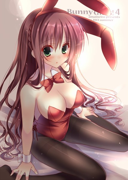 Anime picture 714x1000 with original amane ruri single long hair tall image looking at viewer blush breasts light erotic brown hair bare shoulders green eyes animal ears bunny ears pantyhose bunnysuit