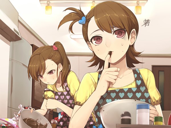 Anime picture 1000x750 with idolmaster futami mami futami ami hitoto short hair red eyes brown hair multiple girls side ponytail finger to mouth siblings twins sisters cooking heart print girl 2 girls food heart sweets