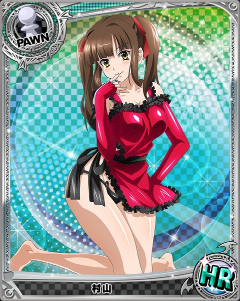Anime picture 640x800 with highschool dxd murayama (high school dxd) single long hair tall image looking at viewer blush light erotic brown hair twintails yellow eyes finger to mouth card (medium) nearly naked apron girl gloves underwear panties ribbon (ribbons) hair ribbon