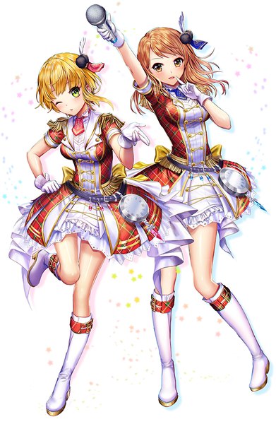 Anime picture 652x1000 with idolmaster idolmaster cinderella girls idolmaster cinderella girls starlight stage miyamoto frederica houjou karen esphy long hair tall image looking at viewer blush fringe short hair open mouth simple background blonde hair smile brown hair standing white background multiple girls