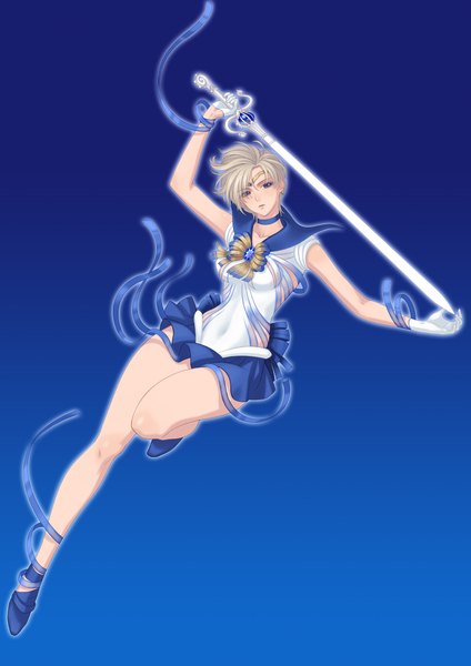 Anime picture 1558x2205 with bishoujo senshi sailor moon toei animation tenou haruka sailor uranus eclosion single tall image looking at viewer short hair blue eyes simple background blonde hair blue background girl ribbon (ribbons) weapon sword sailor suit