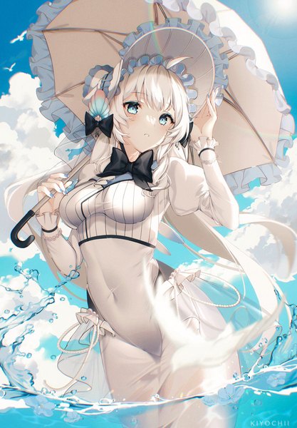 Anime picture 1424x2048 with original kiyochii single tall image looking at viewer blush fringe breasts large breasts standing holding signed sky cloud (clouds) outdoors long sleeves nail polish parted lips arm up sunlight