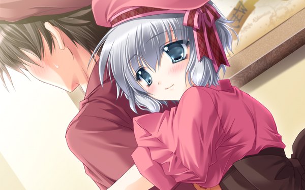 イラスト 1024x640 と hatsukoi yohou (game) 短い髪 青い目 黒髪 wide image game cg grey hair couple 女の子 男性