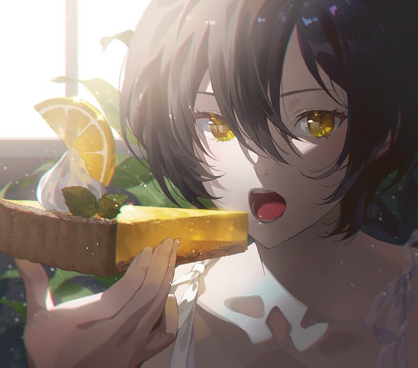 Anime picture 1135x1000 with original fajyobore single looking at viewer fringe short hair open mouth black hair hair between eyes holding yellow eyes upper body teeth shaded face eating anaglyph backlighting girl food sweets