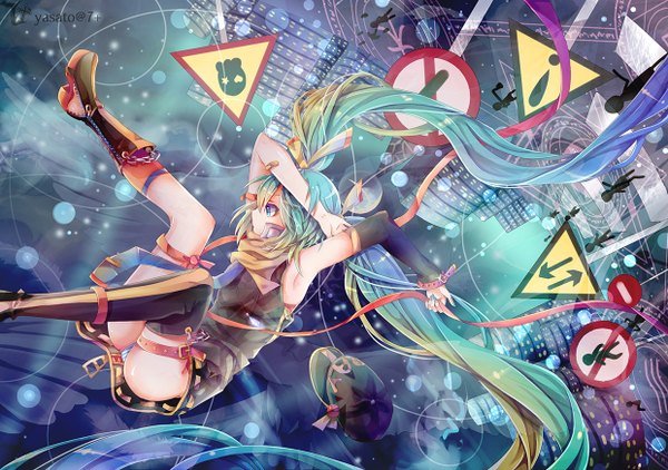 Anime picture 1240x874 with vocaloid rolling girl (vocaloid) hatsune miku yasato single fringe blue eyes light erotic very long hair profile multicolored hair aqua hair two-tone hair armpit (armpits) falling girl underwear panties ribbon (ribbons) hat