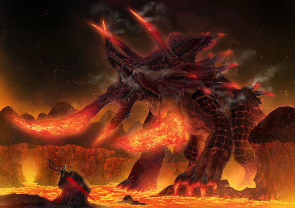 Anime picture 1871x1323 with original highres sky horn (horns) weapon sword fire monster