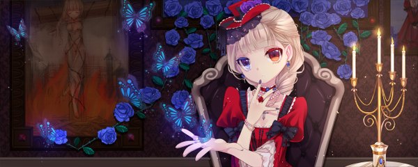 Anime picture 2500x1000 with original mvv long hair highres blonde hair wide image heterochromia finger to mouth girl dress flower (flowers) hat rose (roses) insect butterfly jewelry candle (candles) blue rose picture