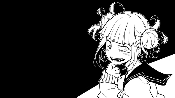 Anime picture 1920x1080 with boku no hero academia studio bones toga himiko dowman sayman single looking at viewer fringe highres short hair open mouth wide image payot blunt bangs hair bun (hair buns) wallpaper black background monochrome messy hair girl uniform