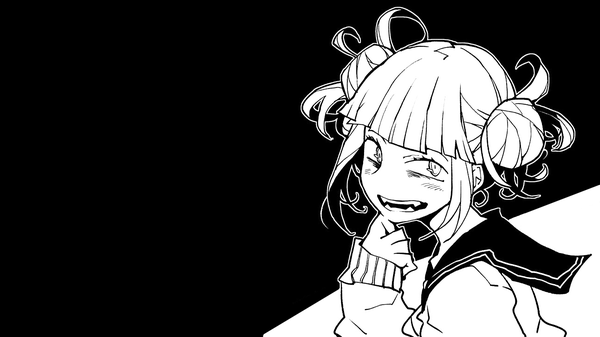 Anime-Bild 1920x1080 mit boku no hero academia studio bones toga himiko dowman sayman single looking at viewer fringe highres short hair open mouth wide image payot blunt bangs hair bun (hair buns) wallpaper black background monochrome messy hair girl uniform