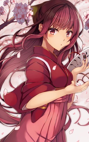 Anime picture 1125x1800 with kantai collection kamikaze destroyer natsu narumi single long hair tall image looking at viewer blush fringe breasts red eyes standing holding outdoors red hair blunt bangs traditional clothes japanese clothes wide sleeves short sleeves