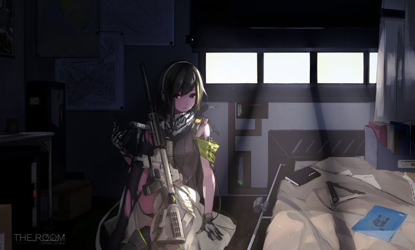 Anime picture 3590x2160 with girls frontline m4a1 (girls frontline) orga (orgacl) single long hair looking at viewer fringe highres open mouth black hair hair between eyes wide image sitting brown eyes absurdres indoors multicolored hair arm support two-tone hair streaked hair