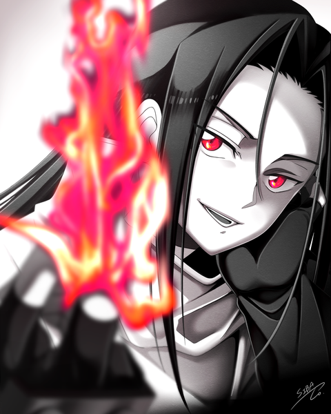 Anime-Bild 2000x2500 mit shaman king xebec asakura hao sibato5 single long hair tall image looking at viewer highres red eyes signed upper body monochrome head rest spot color boy gloves fingerless gloves flame