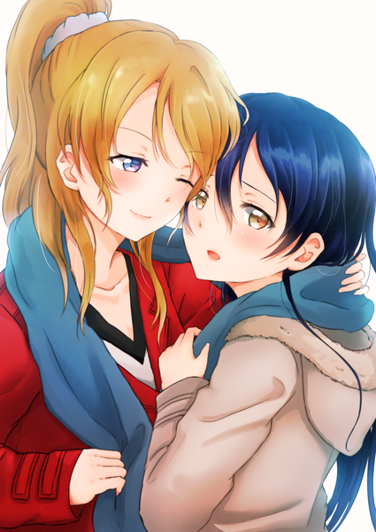 Anime picture 1200x1693 with love live! school idol project sunrise (studio) love live! ayase eli sonoda umi lilylion26 long hair tall image blush open mouth blue eyes blonde hair multiple girls brown eyes blue hair ponytail one eye closed light smile wink hug