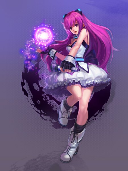 Anime picture 768x1024 with xuan dou zhi wang tencent qq kuraki kaoru single long hair tall image breasts open mouth large breasts standing purple eyes bare shoulders pink hair cleavage official art jumping girl dress gloves hair ornament