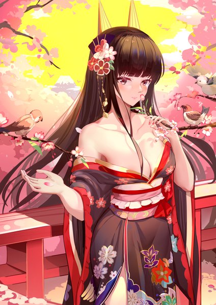 Anime picture 5322x7528 with warship girls r akagi (warship girls r) xiaoshan jiang single long hair tall image looking at viewer blush fringe highres breasts light erotic brown hair large breasts standing holding brown eyes absurdres cleavage cloud (clouds)