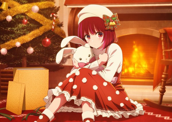 Anime picture 4096x2897 with oshi no ko arima kana hirayama kanna single looking at viewer fringe highres short hair red eyes sitting absurdres red hair indoors official art christmas girl dress toy beret stuffed animal