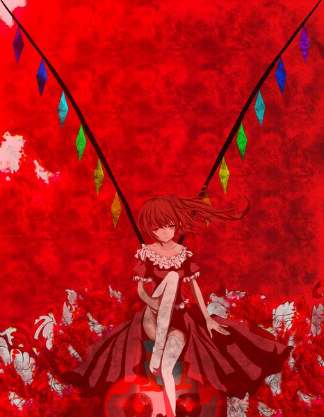 Anime picture 1800x2318 with touhou flandre scarlet darwinwu (artist) single long hair tall image highres red eyes red hair one side up red background girl thighhighs dress white thighhighs wings red dress crystal