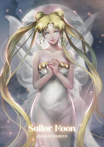 Anime picture 827x1169 with bishoujo senshi sailor moon toei animation tsukino usagi princess serenity yeoheun single tall image looking at viewer blue eyes blonde hair twintails bare shoulders signed very long hair hair bun (hair buns) sleeveless facial mark hands clasped crescent interlocked fingers