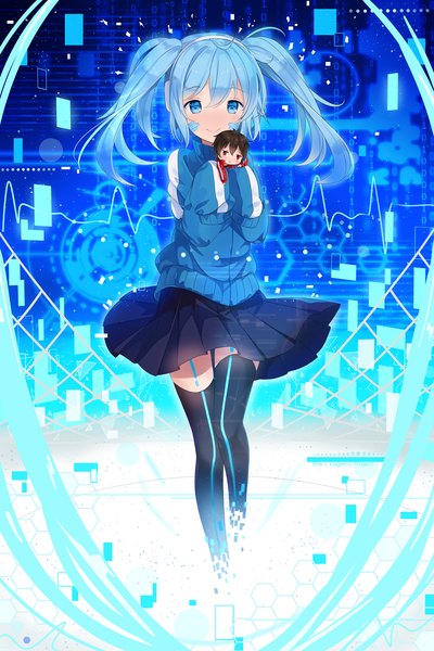 Anime picture 900x1350 with kagerou project shaft (studio) ene (kagerou project) kisaragi shintarou hitsukuya long hair tall image looking at viewer fringe blue eyes smile twintails blue hair long sleeves pleated skirt zettai ryouiki glow girl thighhighs boy