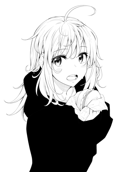 Anime picture 1141x1500 with akino sora single long hair tall image looking at viewer open mouth simple background white background holding upper body ahoge teeth sleeves past wrists monochrome messy hair girl hamburger