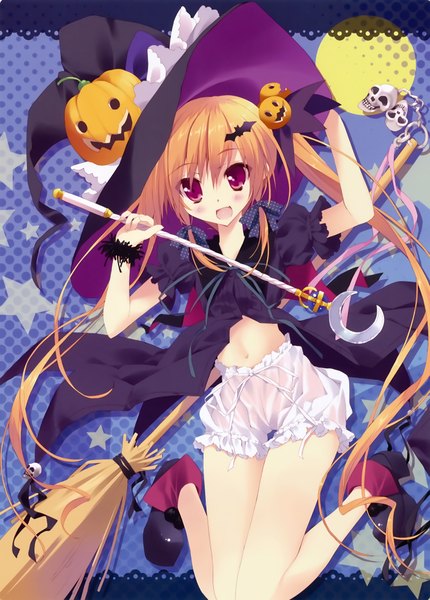 Anime picture 3000x4184 with tsurusaki takahiro single long hair tall image looking at viewer blush highres open mouth light erotic blonde hair red eyes twintails scan halloween girl dress navel hat witch hat skull