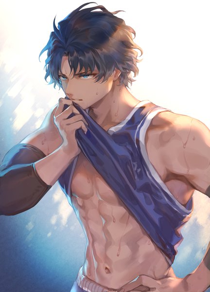 Anime picture 1392x1932 with fate (series) fate/grand order bartholomew roberts (fate/grand order) mashuu (neko no oyashiro) single tall image fringe short hair blue eyes light erotic simple background brown hair standing looking away upper body sweat hand on hip muscle shirt lift abs