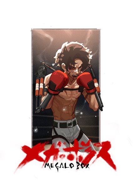 Anime picture 2480x3507 with megalo box joe (megalo box) llxhh single tall image highres short hair brown hair copyright name dark skin topless steam bandaid on nose boxing boy belt bandaid boxing gloves