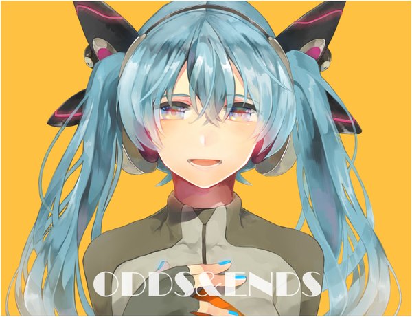 Anime picture 1500x1153 with vocaloid odds & ends (vocaloid) hatsune miku extpil single long hair looking at viewer open mouth blue eyes simple background twintails nail polish aqua hair yellow background blue nail polish girl gloves headphones fingerless gloves
