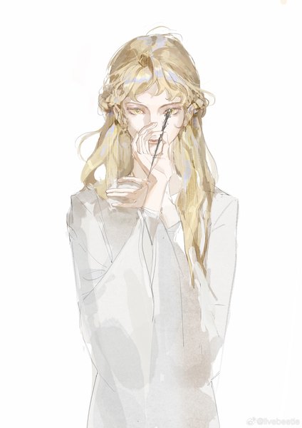 Anime picture 1527x2160 with elden ring miquella (elden ring) siyemmm single long hair tall image looking at viewer simple background blonde hair standing white background holding yellow eyes boy needle