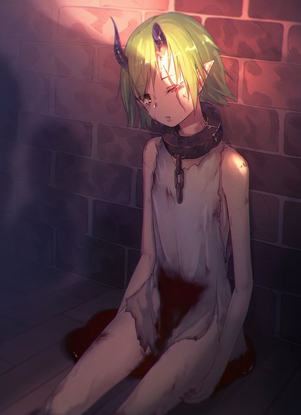 Anime picture 1035x1424 with original ibuki notsu single tall image fringe short hair sitting brown eyes one eye closed horn (horns) green hair pointy ears shadow sleeveless tears torn clothes light scar bloody clothes injury