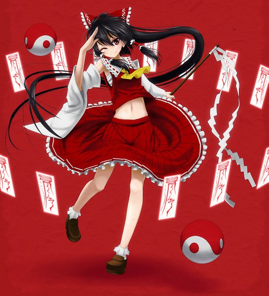 Anime picture 1125x1238 with touhou hakurei reimu din (artist) long hair tall image black hair red eyes very long hair one eye closed wink midriff miko red background salute girl skirt navel bow hair bow detached sleeves