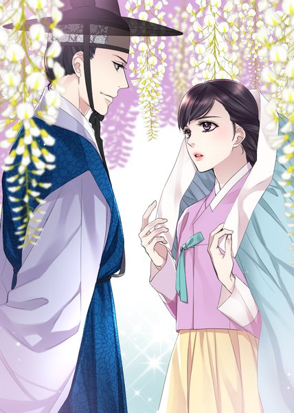 Anime picture 800x1120 with original nayuta/iho tall image fringe short hair blue eyes black hair white background purple eyes traditional clothes parted lips profile pleated skirt light smile sparkle hair bun (hair buns) couple lipstick gradient background hands behind back