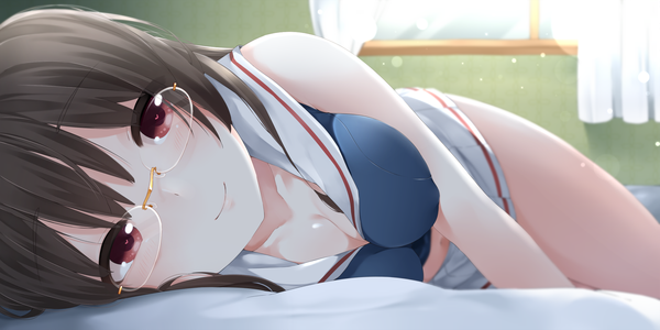 Anime picture 2000x1000 with kantai collection choukai heavy cruiser yukichi (sukiyaki39) single long hair looking at viewer blush fringe highres breasts light erotic black hair smile red eyes wide image cleavage indoors lying on side girl