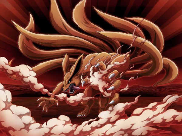 Anime picture 1024x767 with naruto studio pierrot naruto (series) kurama (kyuubi) tagme (artist) single open mouth standing sky full body outdoors tail teeth fang (fangs) smoke no people multiple tails angry sharp teeth demon