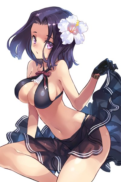 Anime picture 1000x1500 with kantai collection tatsuta light cruiser dakuro single tall image looking at viewer short hair breasts light erotic simple background large breasts white background purple eyes purple hair hair flower from above girl skirt gloves navel