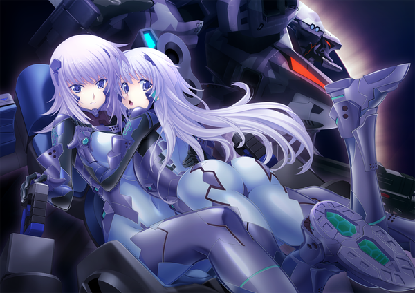 Anime picture 1417x1002 with muvluv total eclipse muv-luv cryska barchenowa inia sestina long hair looking at viewer open mouth blue eyes light erotic multiple girls ass white hair covered navel girl 2 girls bodysuit mecha