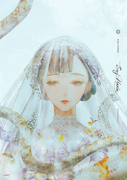 Anime picture 611x867 with original say hana single tall image fringe simple background brown hair brown eyes signed looking away upper body parted lips lipstick blue background red lipstick girl animal lace veil snake